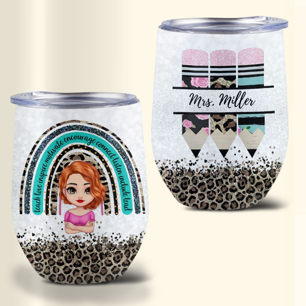 Vaso de vino personalizado para profesores: enseñar, amar, inspirar, motivar, alentar, conectar, escuchar, incluir, liderar