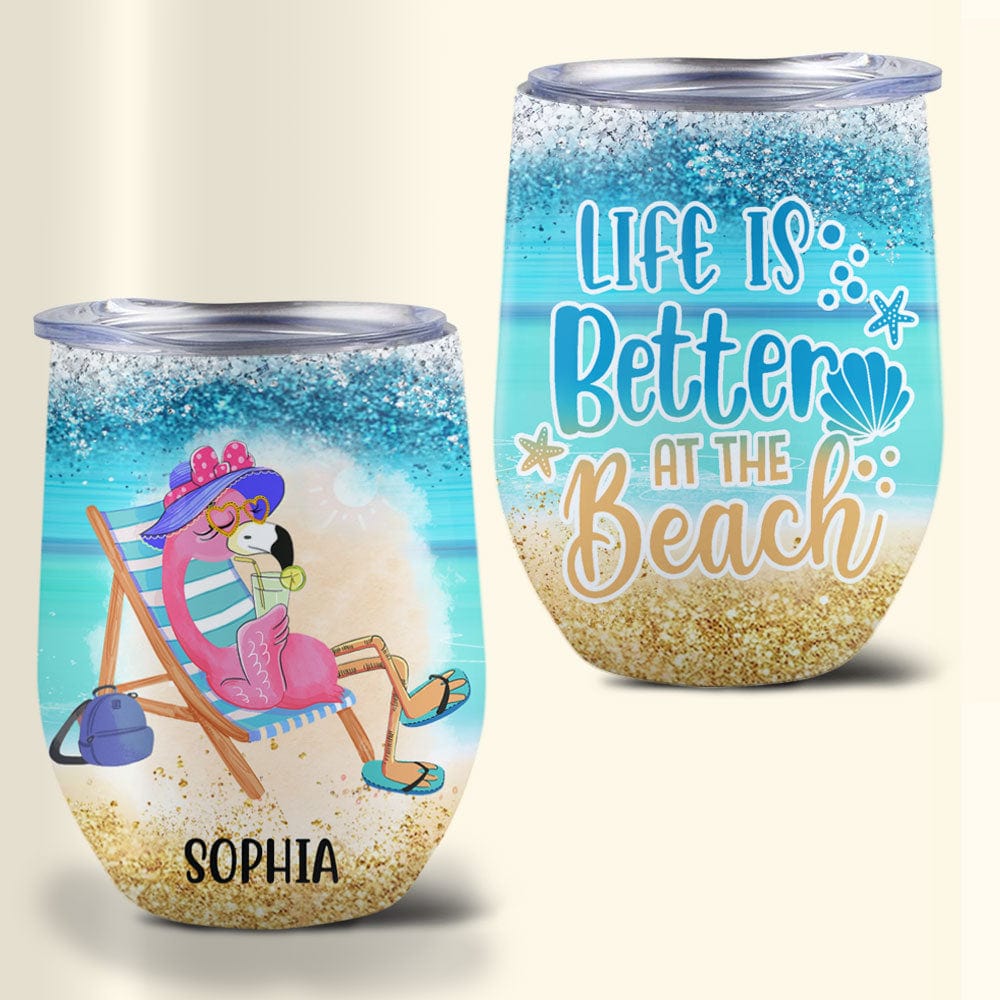 Vaso de vino personalizado con diseño de flamenco: la vida es mejor en la playa