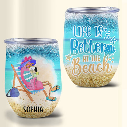 Vaso de vino personalizado con diseño de flamenco: la vida es mejor en la playa
