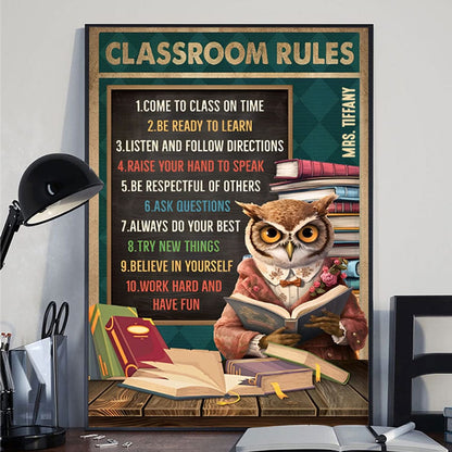 Lienzo y póster personalizados para profesores: donde el gato búho con un libro despierta nuestra búsqueda de sabiduría