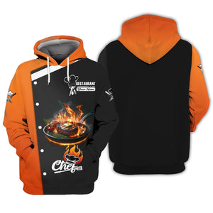 Camisa de chef personalizada: diseño de filete en llamas en negro y naranja