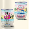 Personalized Flamingo Wine Tumbler - Exclusive Design of Flamingo Holding Wine Strolling the Beach