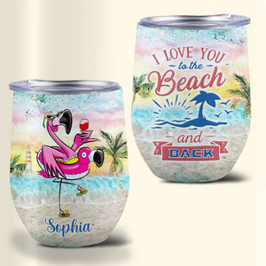 Personalized Flamingo Wine Tumbler - Exclusive Design of Flamingo Holding Wine Strolling the Beach