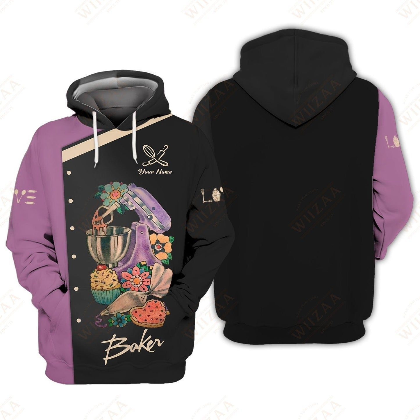 Personalized Baker Shirt - Bold Mixer & Pastry Graphics on Mauve Background