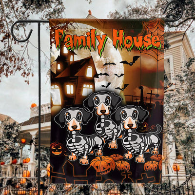 Personalized Dachshund House & Garden Flag, Celebrating Halloween With Pumpkins at Our Family House