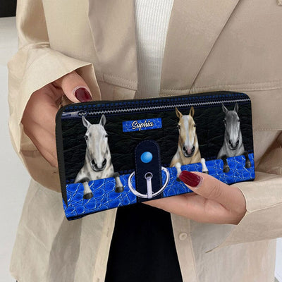 Personalized Horse Wallet 20x11cm - Customizable Horse Breed & Name Design With Blue, Black Background