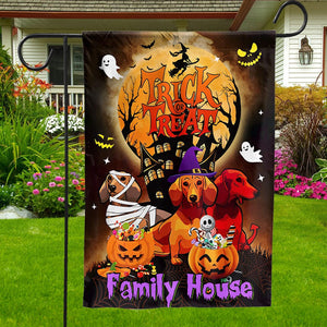 Dachshund House & Garden Flag, Trick Or Treat With Family House