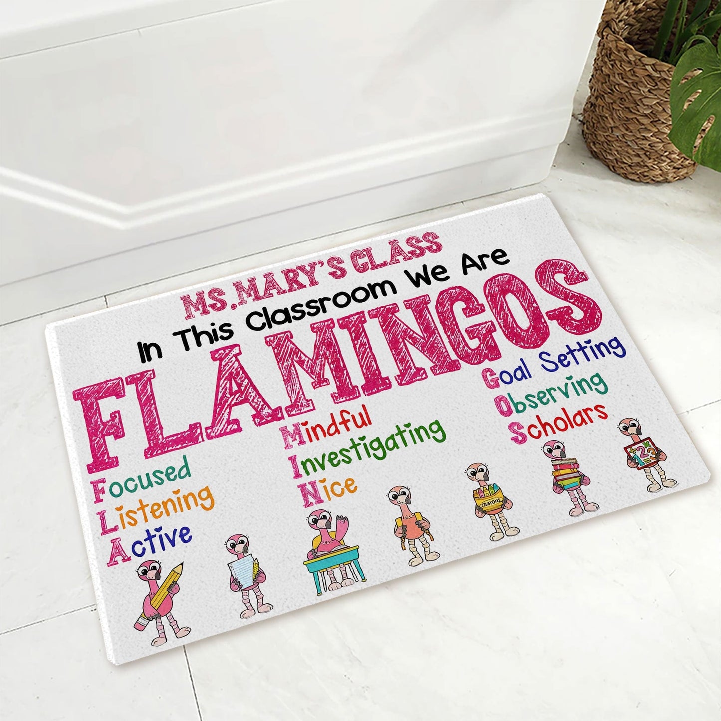 Felpudo personalizado con flamencos: en esta aula somos tan únicos y coloridos como los flamencos