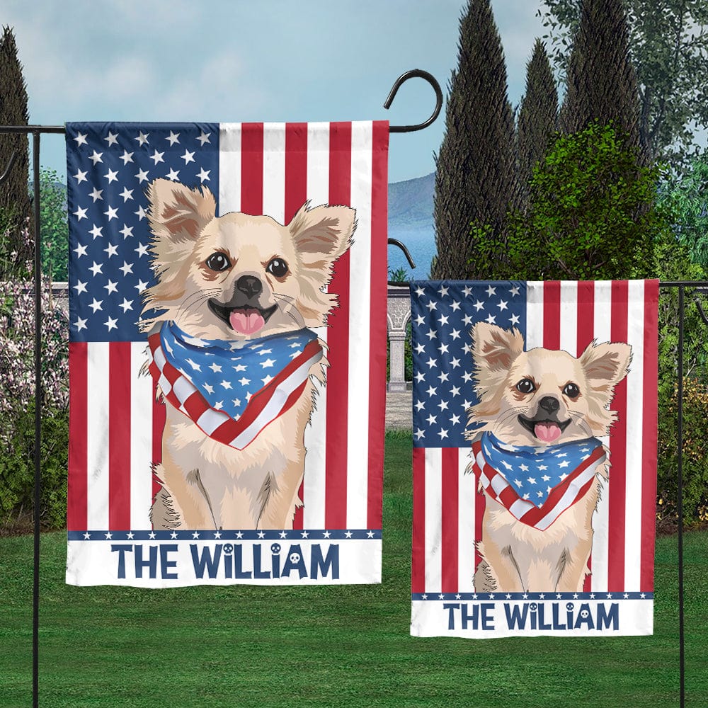 Personalized Chihuahua House & Garden Flag, American Flag Backdrop And A Flag-Wearing Pup By Your Side