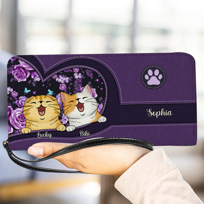 Personalized Cat Wallet 20x11cm - Customizable Cat Breed & Name Design, Featuring A Smiling Cat Against A Purple Ethnic Background