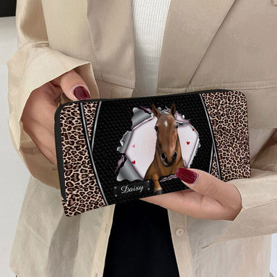 Personalized Horse Wallet 20x11cm - Customizable Horse Breed & Name Design With Leopard Background