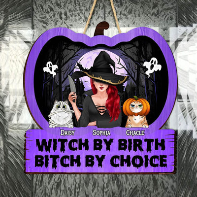 Personalized Cat Halloween Wood Sign - Witch By Birth Bitch By Choice