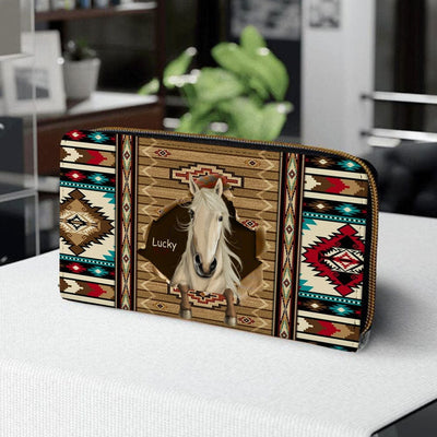 Personalized Horse Wallet 20x11cm - Customizable Horse Breed & Name Design With Faux Wood Background