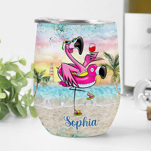 Personalized Flamingo Wine Tumbler - Exclusive Design of Flamingo Holding Wine Strolling the Beach