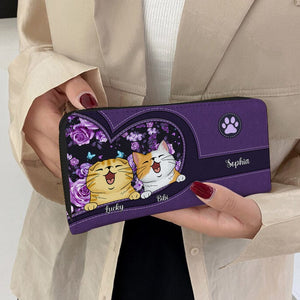 Personalized Cat Wallet 20x11cm - Customizable Cat Breed & Name Design, Featuring A Smiling Cat Against A Purple Ethnic Background