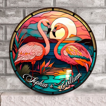 Letrero de madera redondo personalizado con flamencos: amor y flamencos: un reflejo de nosotros