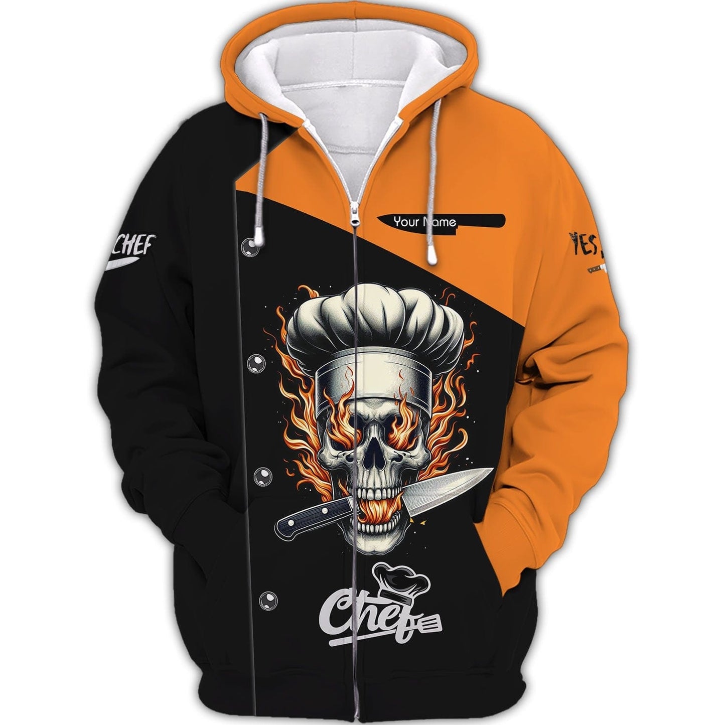 Personalized Chef Shirt - Edgy Flaming Skull Motif for the Passionate Cook, All Over Printed