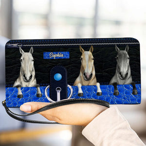 Personalized Horse Wallet 20x11cm - Customizable Horse Breed & Name Design With Blue, Black Background