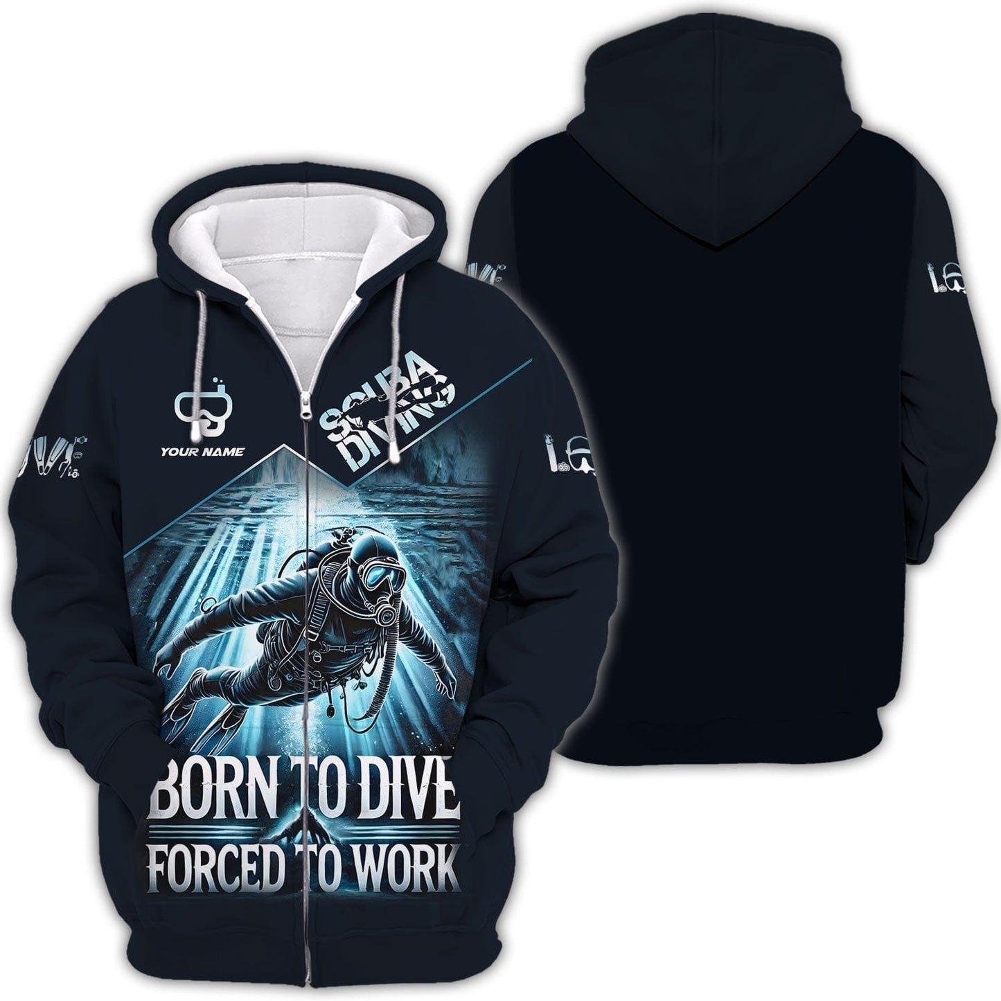 Scuba Diving Custom Name 3D Shirt Born To Dive Forced To Work, All Over Printed
