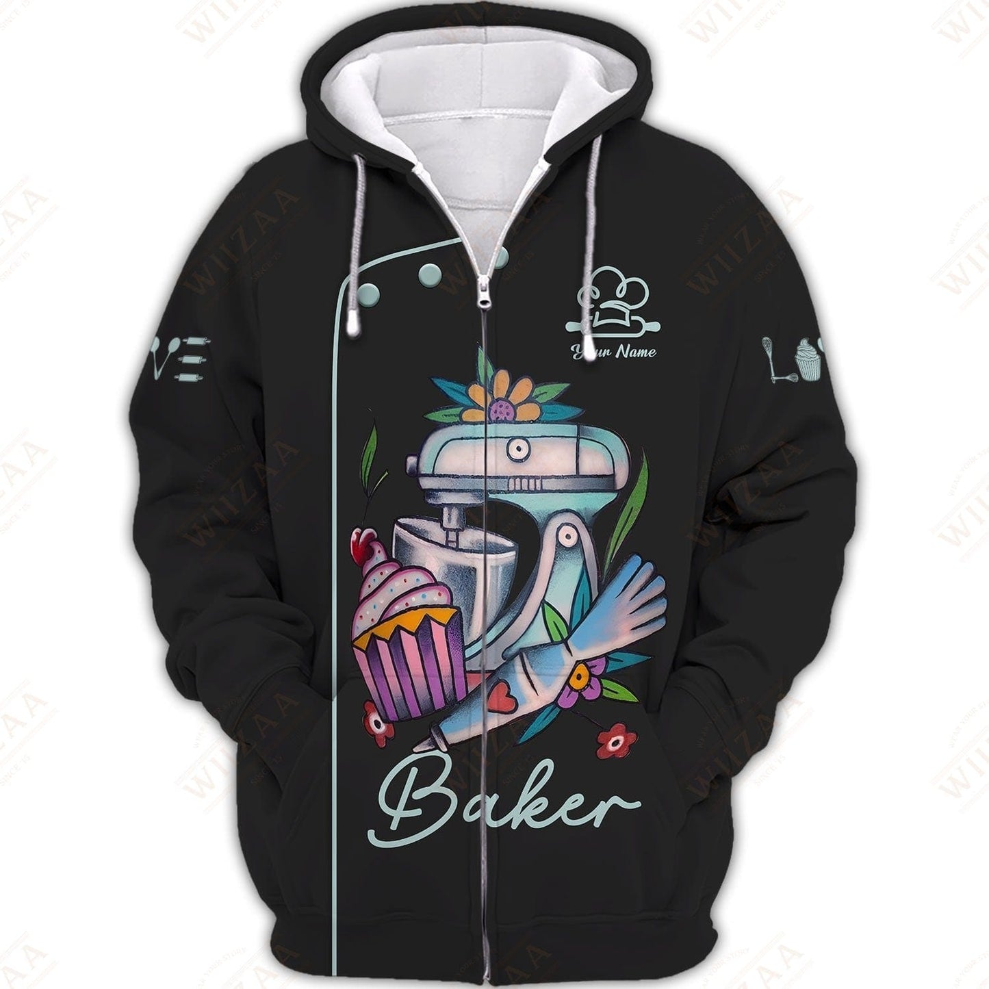 Personalized Baker Shirt - Playful Kitchen Mixer and Cupcake Artwork