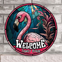 Personalized Flamingo Round Wood Sign - Welcome Family House