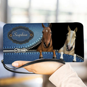 Personalized Horse Wallet 20x11cm - Customizable Horse Breed & Name Design With Blue Background