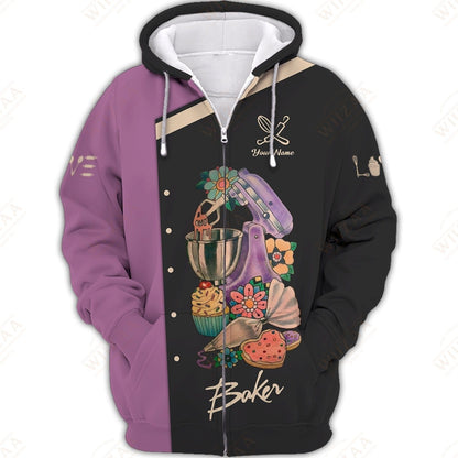 Personalized Baker Shirt - Bold Mixer & Pastry Graphics on Mauve Background
