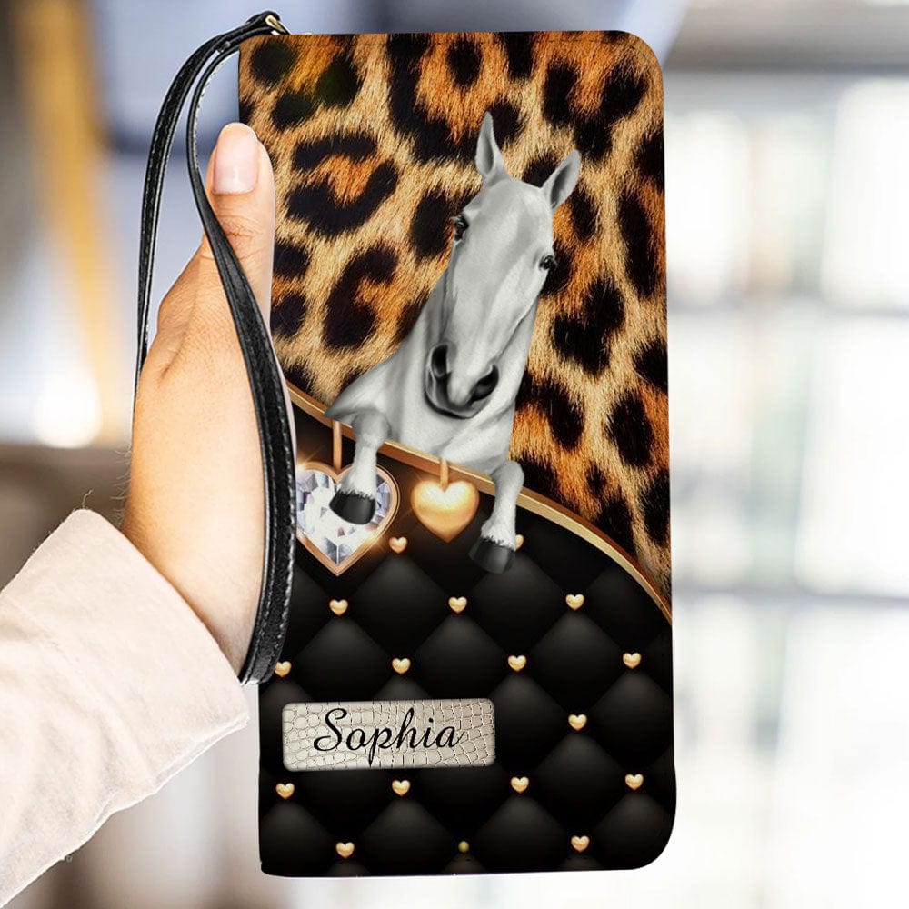 Cartera de caballo personalizada de 20 x 11 cm: diseño personalizable con nombre y raza de caballo y fondo de corazón