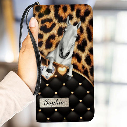 Cartera de caballo personalizada de 20 x 11 cm: diseño personalizable con nombre y raza de caballo y fondo de corazón