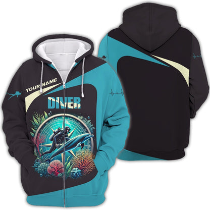 3D Full Print Scuba Diving T-Shirts Personalized Name Gift For Diver Lovers