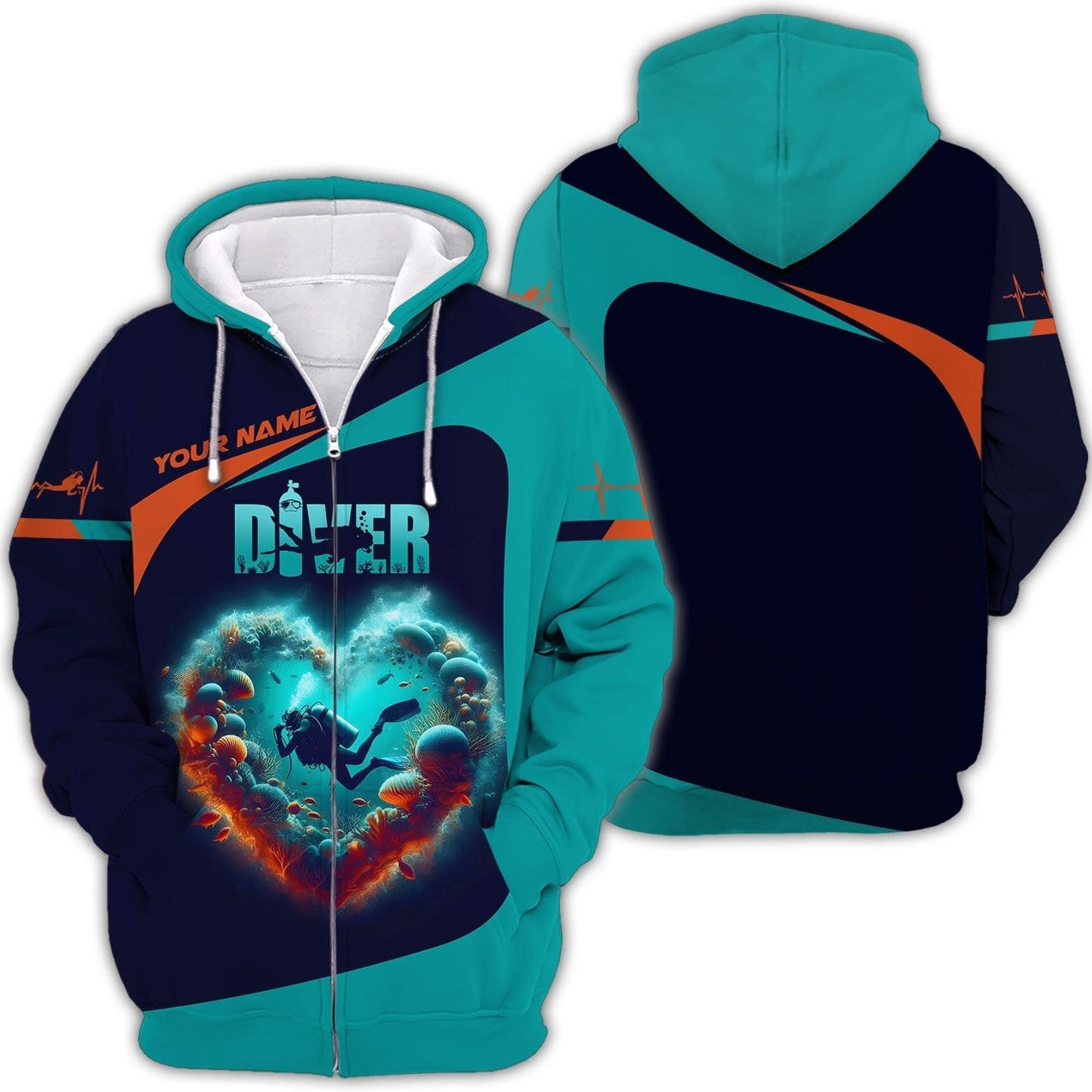 3D Full Print Scuba Diving Heart Shirts Personalized Name Gift For Diver Lovers, All Over Printed
