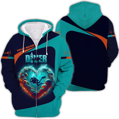 3D Full Print Scuba Diving Heart Shirts Personalized Name Gift For Diver Lovers, All Over Printed