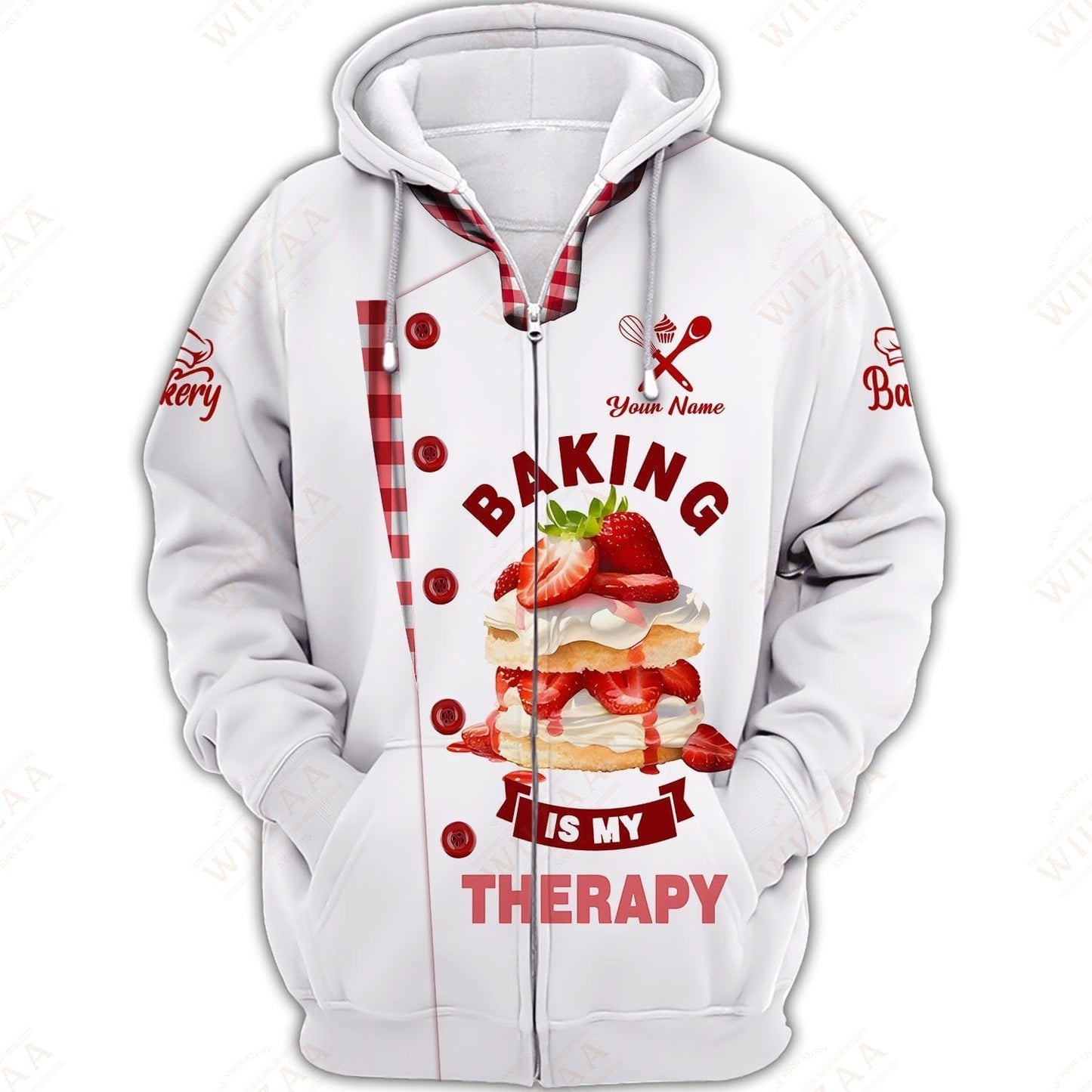 Camiseta de panadero personalizada: 'Hornear es mi terapia', motivo de pastel de fresa