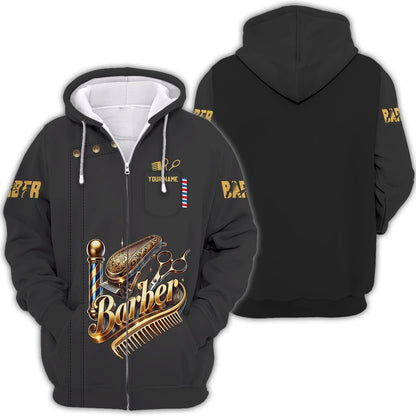 3D Full Print Golden Barber Tools T-Shirts Personalized Name Gift For Barber Lovers, All Over Printed
