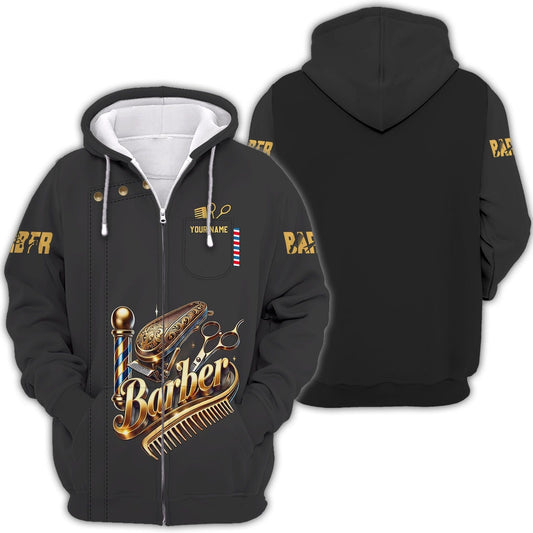 3D Full Print Golden Barber Tools T-Shirts Personalized Name Gift For Barber Lovers, All Over Printed