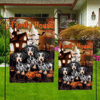 Dachshund House & Garden Flag, Celebrating Halloween With Pumpkins at Our Family House