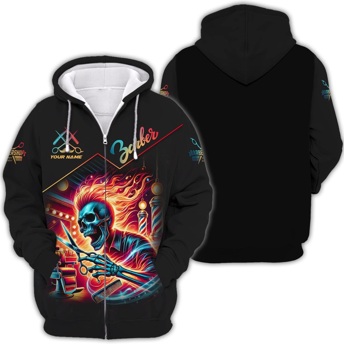 Personalized Barber Shirt - Flaming Skull Haircut Master, All Over Printed