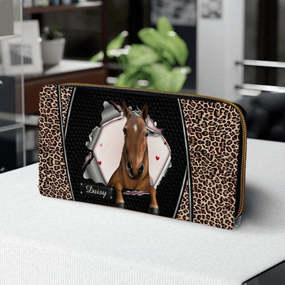 Personalized Horse Wallet 20x11cm - Customizable Horse Breed & Name Design With Leopard Background