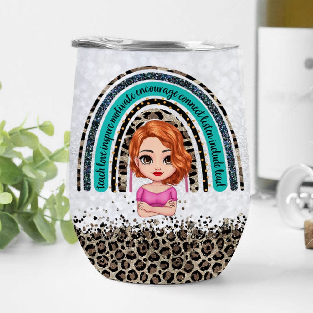 Vaso de vino personalizado para profesores: enseñar, amar, inspirar, motivar, alentar, conectar, escuchar, incluir, liderar