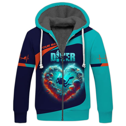 3D Full Print Scuba Diving Heart Shirts Personalized Name Gift For Diver Lovers, All Over Printed