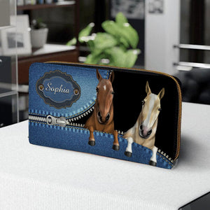 Personalized Horse Wallet 20x11cm - Customizable Horse Breed & Name Design With Blue Background