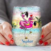 Personalized Flamingo Wine Tumbler - Exclusive Design of Flamingo Holding Wine Strolling the Beach