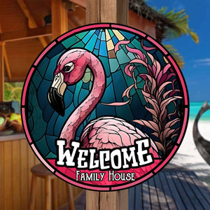 Personalized Flamingo Round Wood Sign - Welcome Family House