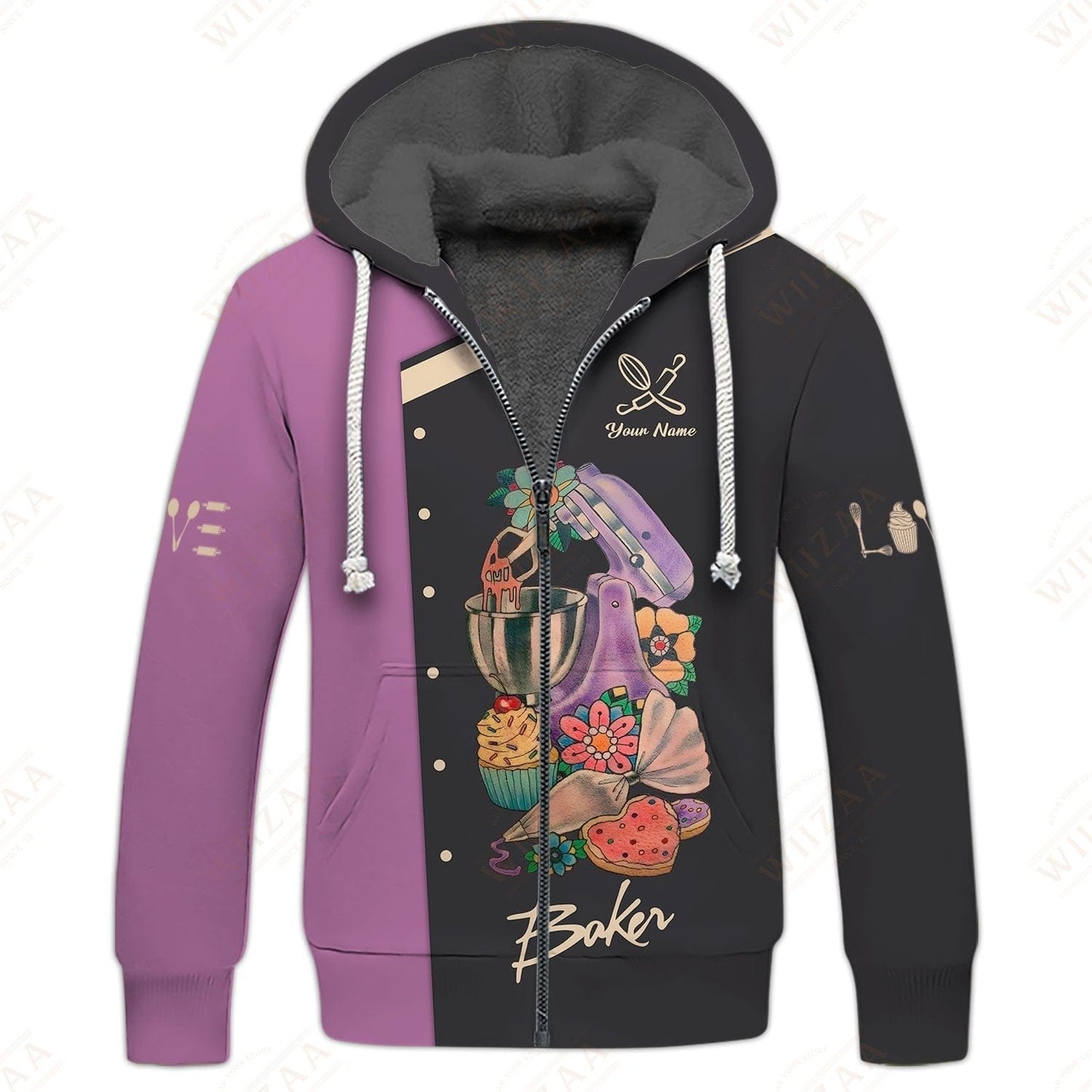 Personalized Baker Shirt - Bold Mixer & Pastry Graphics on Mauve Background