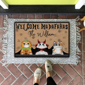 Personalized Cat Halloween Doormat - Welcome Madafakas: Paws, Claws & Spooky Applause