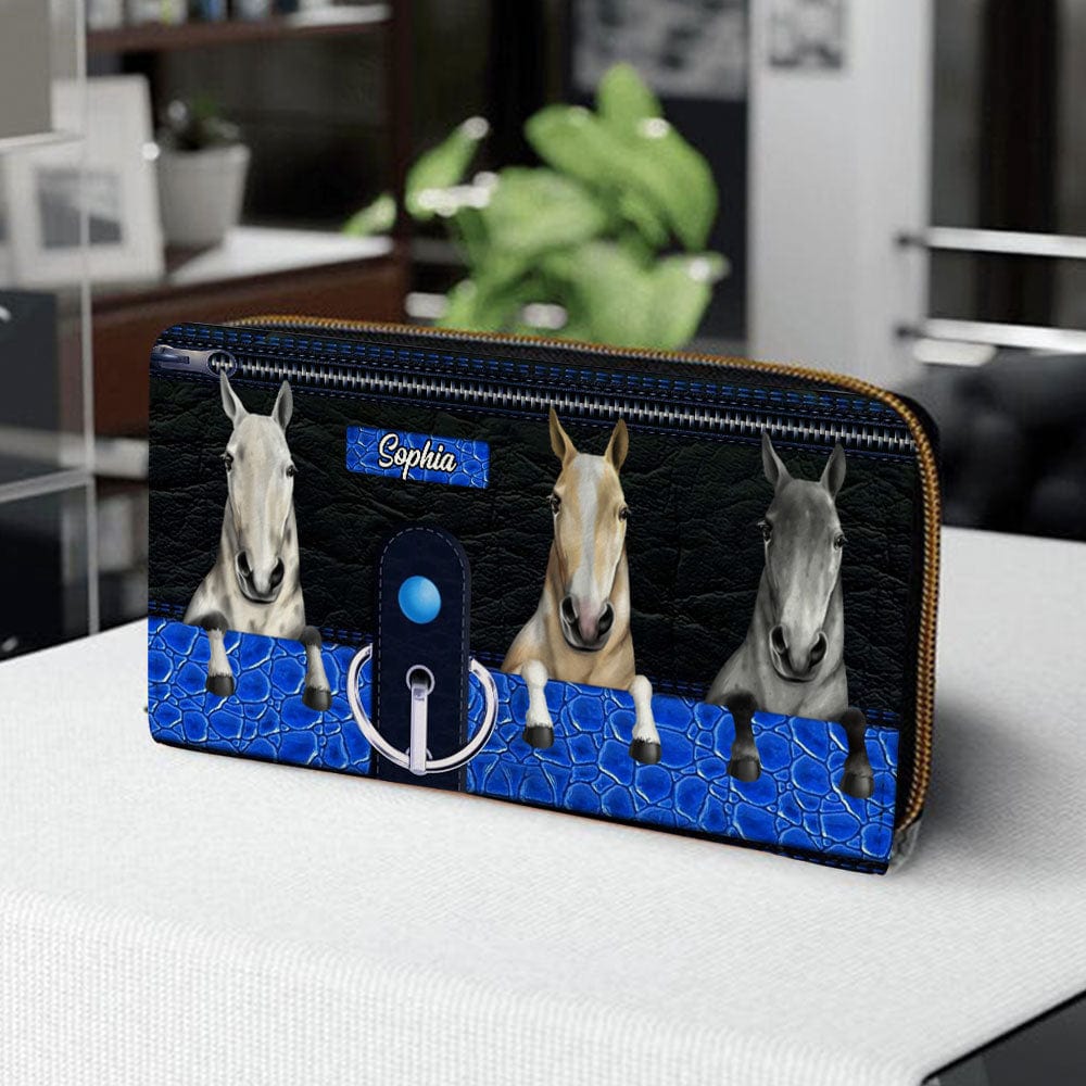 Personalized Horse Wallet 20x11cm - Customizable Horse Breed & Name Design With Blue, Black Background