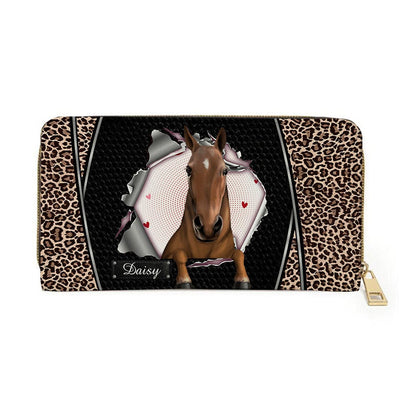 Personalized Horse Wallet 20x11cm - Customizable Horse Breed & Name Design With Leopard Background