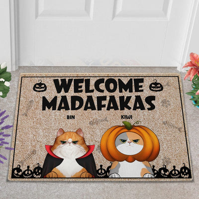 Personalized Cat Halloween Doormat - Welcome, Feline Fiends: Paws, Claws & Midnight Paws