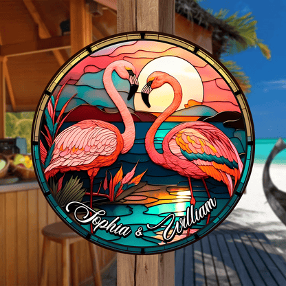 Letrero de madera redondo personalizado con flamencos: amor y flamencos: un reflejo de nosotros