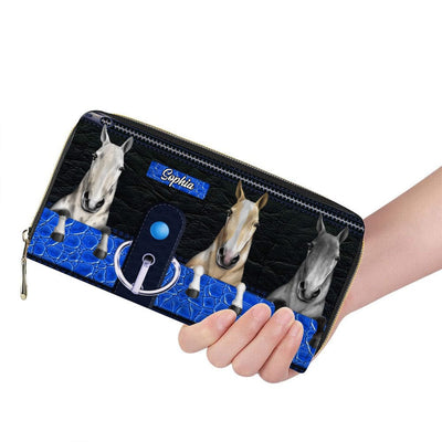 Personalized Horse Wallet 20x11cm - Customizable Horse Breed & Name Design With Blue, Black Background